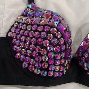 Stunning Black Push-Up Bra with Iridescent Purple Gem Embellishments